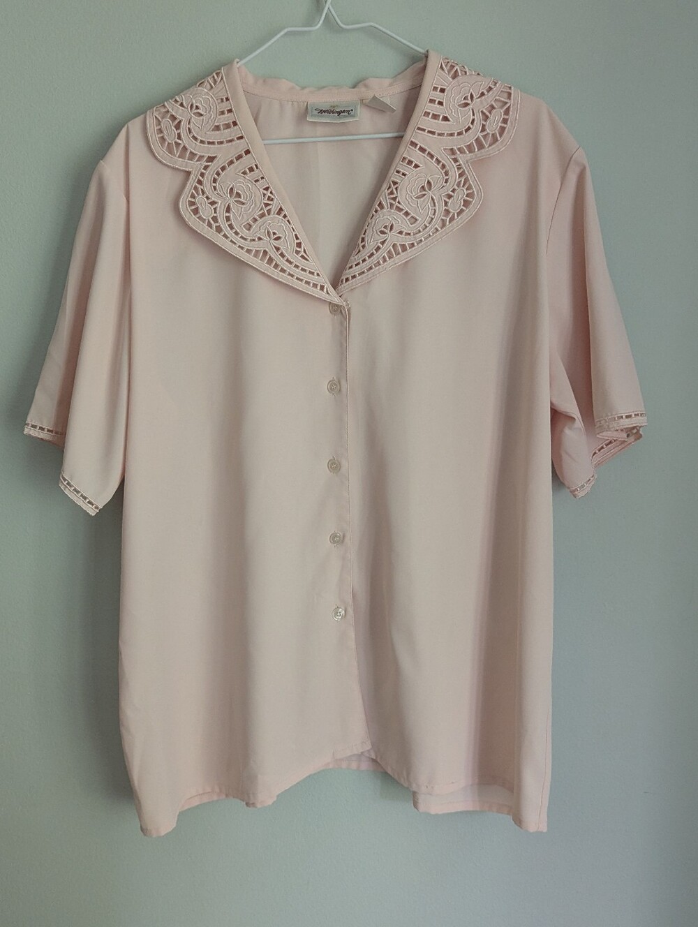 Vintage 80s/90s Pink Cut Out Crochet Collar Blouse Top Women's 18W Short Sleeve